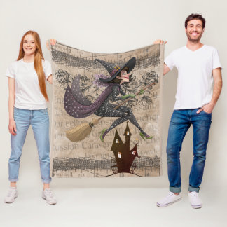 Couverture Polaire Sorcière fantaisiste amusante sur balai