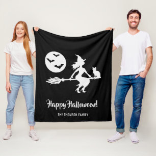 Couverture Polaire Sorcière Sur Un Broom Noir Et Blanc Joyeux Hallowe