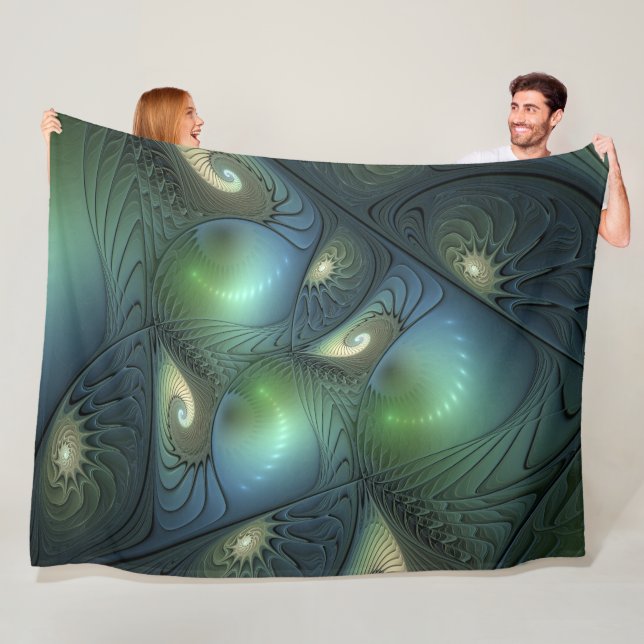 Couverture Polaire Spirales Turquoise Beige Vert Abstrait Fractal Art (En situation)