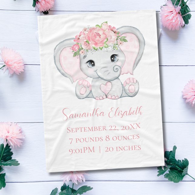 Couverture Polaire Statistiques de naissance Bébé rose Eléphant Bébé  (Pink elephant Personalized Birth Stats baby blanket. Gift for Baby girl.)
