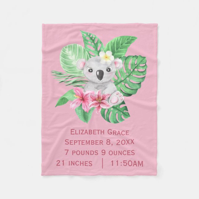 Couverture Polaire Statistiques de naissance Koala Ours rose Vert Fle (Devant)