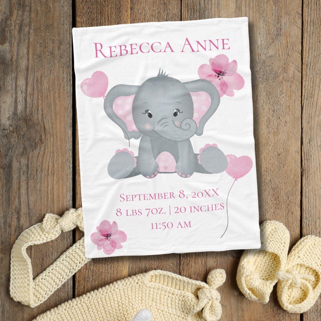 Couverture Polaire Statistiques de naissance personnalisées Baby Elep (Baby Elephant Pink Gray Flowers Balloons Baby blanket. Pink Gray for baby girl gift)
