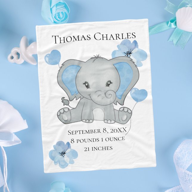 Couverture Polaire Statistiques de naissance personnalisées Baby Elep (Blue Gray Elephant Baby Boy Birth Stats Baby Blanket, Baby Shower gift Gift for new baby boy)