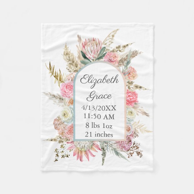 Couverture Polaire Statistiques de naissance personnalisées Pink Flor (Devant)