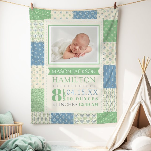 Couverture Polaire Statistiques de naissance Photo Bébé (Baby Boy Birth Stats Photo Quilt Baby Fleece Blanket)