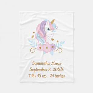 Couverture Polaire Statistiques de naissance Unicorn Rose Bleu Or, Fi