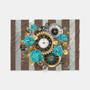 Couverture Polaire Steampunk Clock and Turquoise Roses on Striped