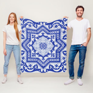 Couverture Polaire Style azulejo en céramique craquée bleue Azulejo V