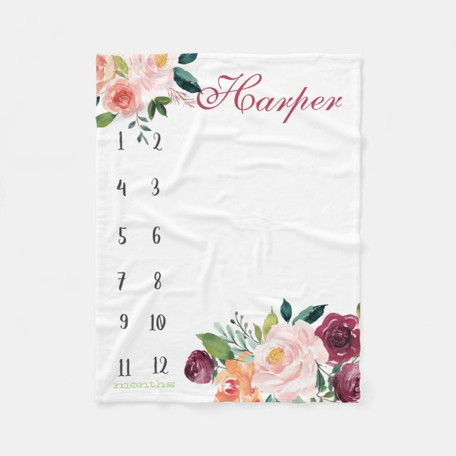 Couverture Polaire Suivi de croissance - Boho aquarelle avec roses (Devant)
