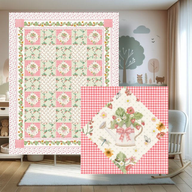 Couverture Polaire Summer Strawberries Gingham Floral Baby Girl (Créateur téléchargé)