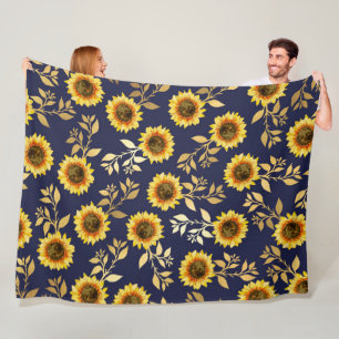 Couverture Polaire Sunny Yellow Gold Navy Feuille Motif