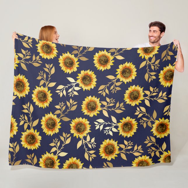 Couverture Polaire Sunny Yellow Gold Navy Feuille Motif (En situation)