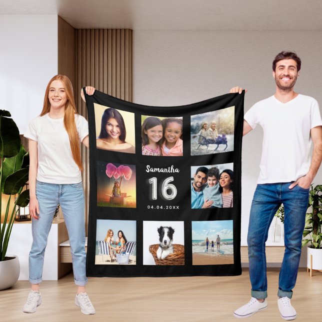 Couverture Polaire Sweet 16 noir argent photo collage nom (Créateur téléchargé)