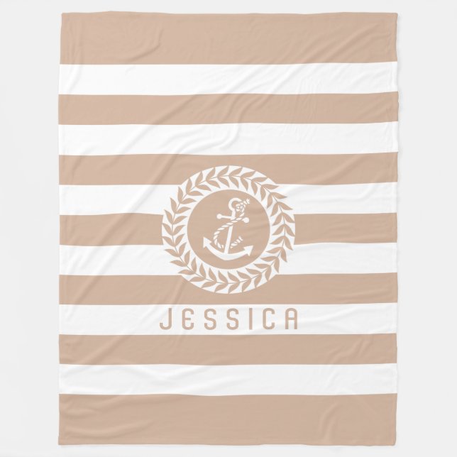 Couverture Polaire Tan & Blancs Avec Ancre Nautique Blanche (Devant)