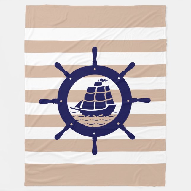 Couverture Polaire Tan & Blancs Avec Roue Bleue Nautique (Devant)