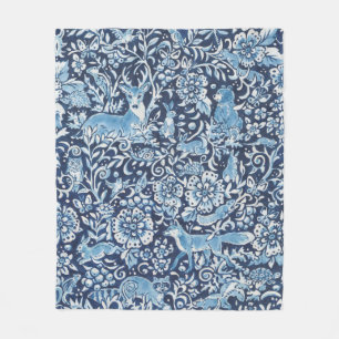 Couverture Polaire Tapisserie Indigo Bleu Blanc Bois Animal Floral