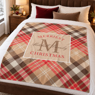 Couverture Polaire Tartan Rouge Marron Monogramme Noël le Plus Joyeux