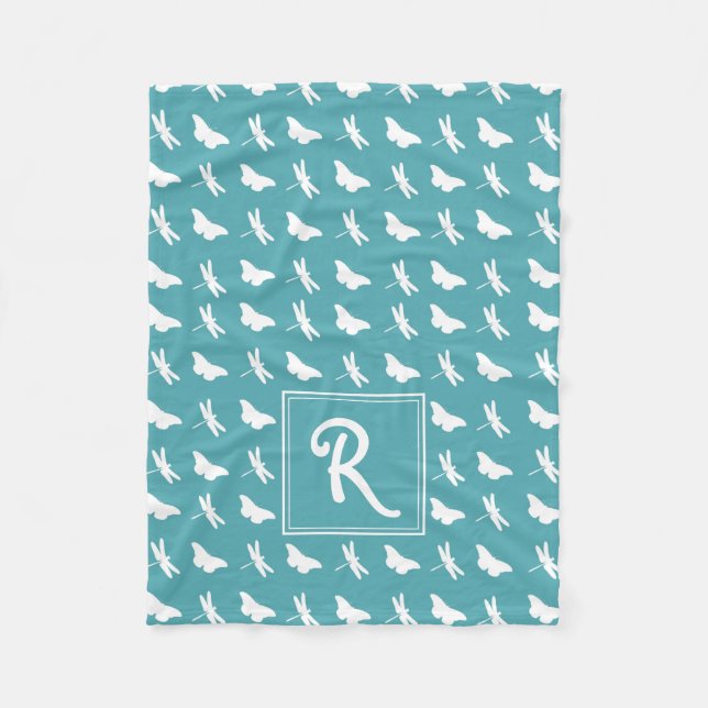 Couverture Polaire Teal Butterfly and Dragonfly Pattern Monogram (Devant)
