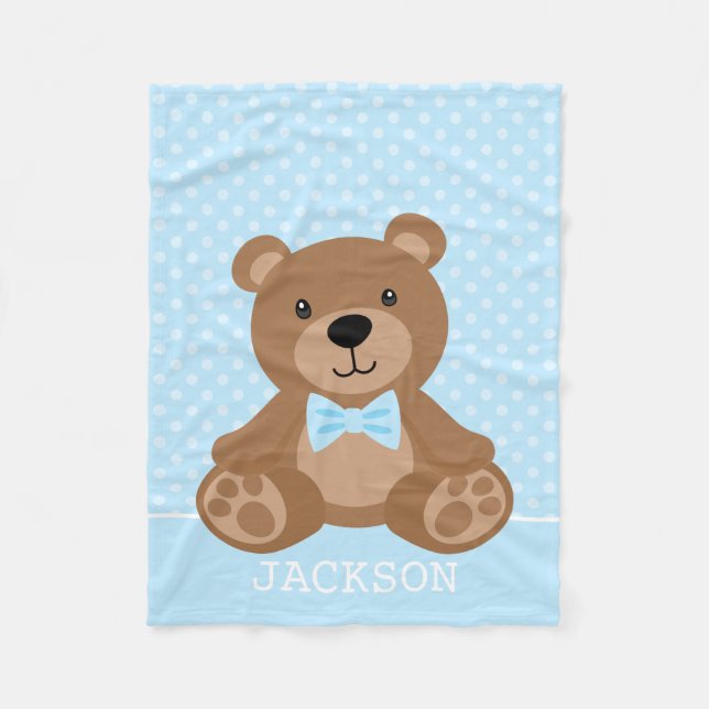 Couverture Polaire Teddy Bear Blue Polka Point Personnalisé Garçon (Devant)