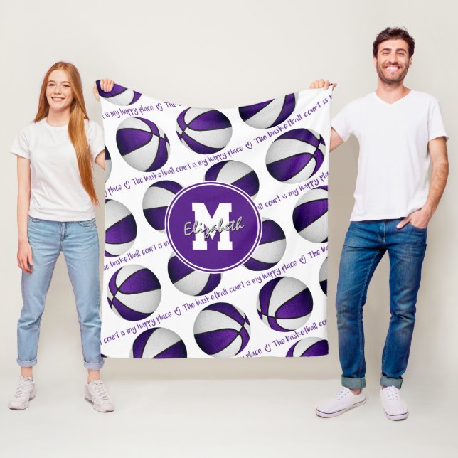 Couverture Polaire terrain de basket blanc violet est mon endroit heu (En situation)