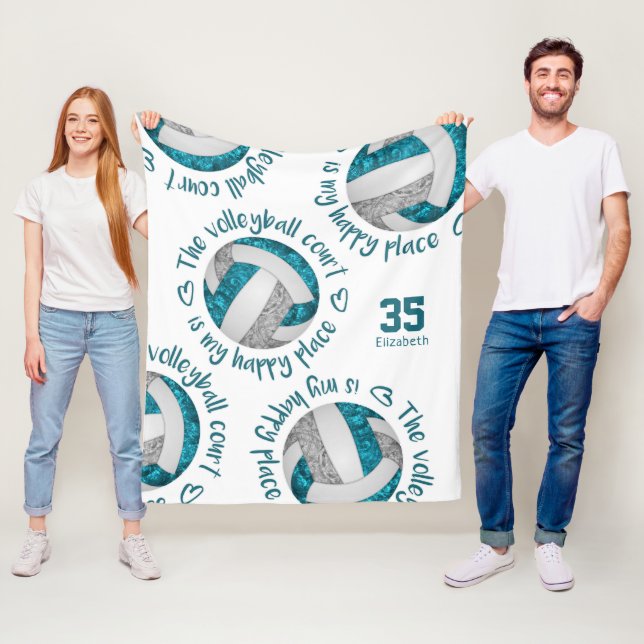 Couverture Polaire terrain de volley-ball gris turquoise typographie  (En situation)