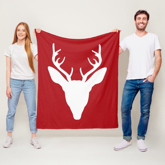 Couverture Polaire Tête de cerf blanc Silhouette sur rouge (En situation)