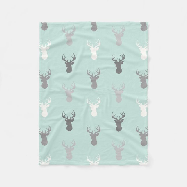 Couverture Polaire Têtes de cerfs en Mint et Grey (Devant)