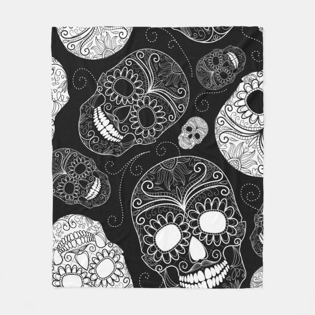 Couverture Polaire Têtes de crâne de sucre noir et blanc (Devant)