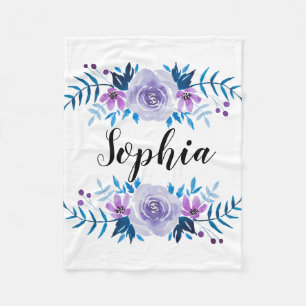 Couverture Polaire Texte floral pourpre bleu de coutume de guirlande