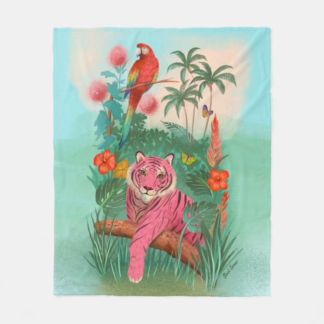 Couverture Polaire Tigre rose et perroquet dans la jungle tropicale (Devant)