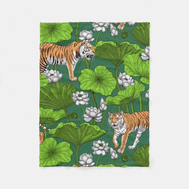 Couverture Polaire Tigres dans l'étang blanc de lotus (Devant)