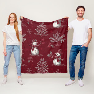 Couverture Polaire Toile de Noël Rouge Vintage Botanique - Bonhomme d