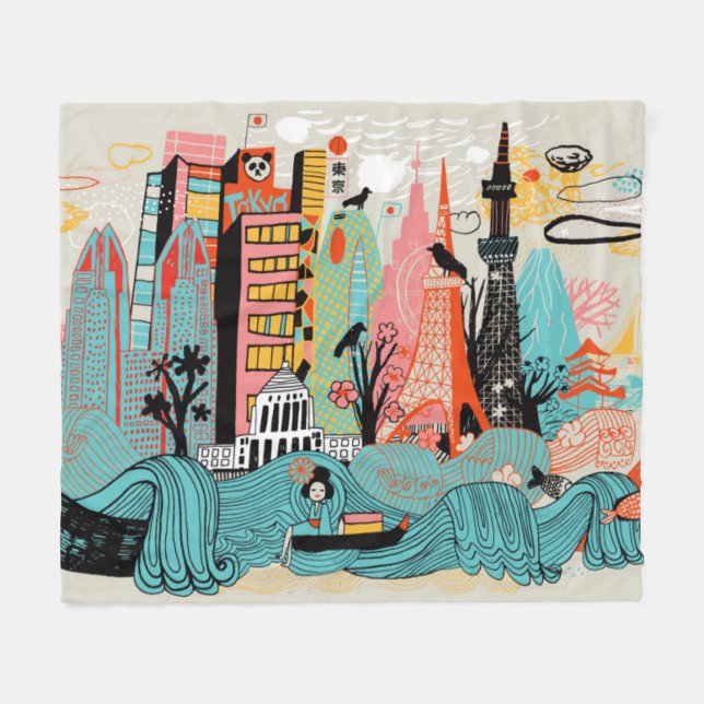 Couverture Polaire Tokyo tirée par la main Japon (Devant (Horizontal))