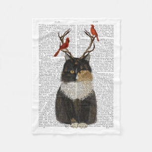 Couverture Polaire Tortoiseshell Cat with Antlers and Red Birds