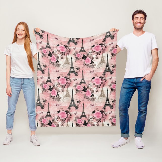 Couverture Polaire Tour Eiffel Chic Rose Noir & Blanc Paris Français (En situation)