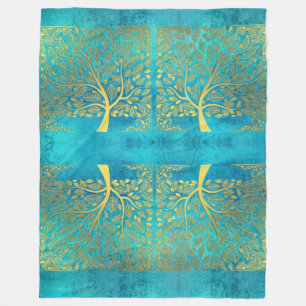 Couverture Polaire Tourquoise Blue et Gold Tree of Life