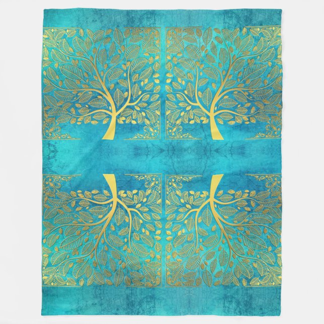 Couverture Polaire Tourquoise Blue et Gold Tree of Life (Devant)
