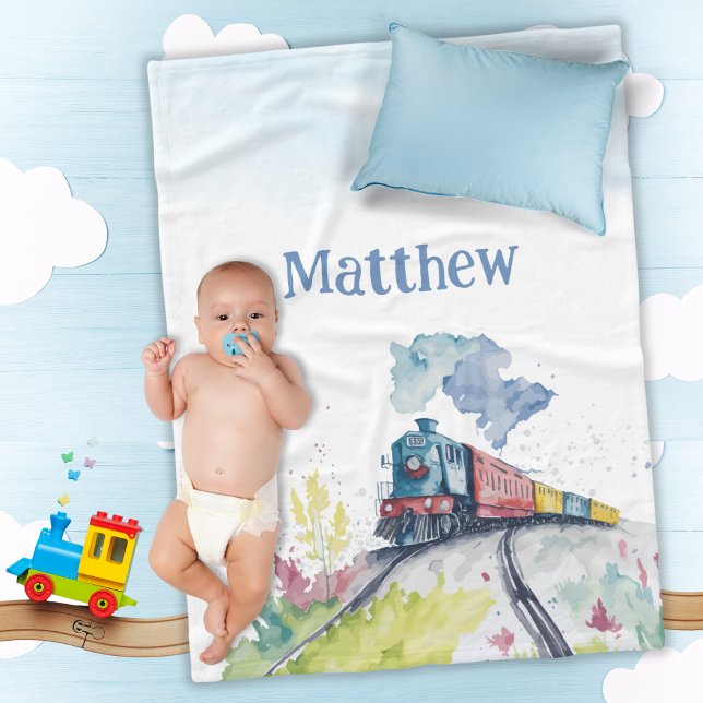 Couverture Polaire Train vintage Aquarelle Nom du garçon Fleece Blank (Whimsical Cute Watercolor Vintage Train with Personalized Baby Boy's Name Blanket in  3 sizes)