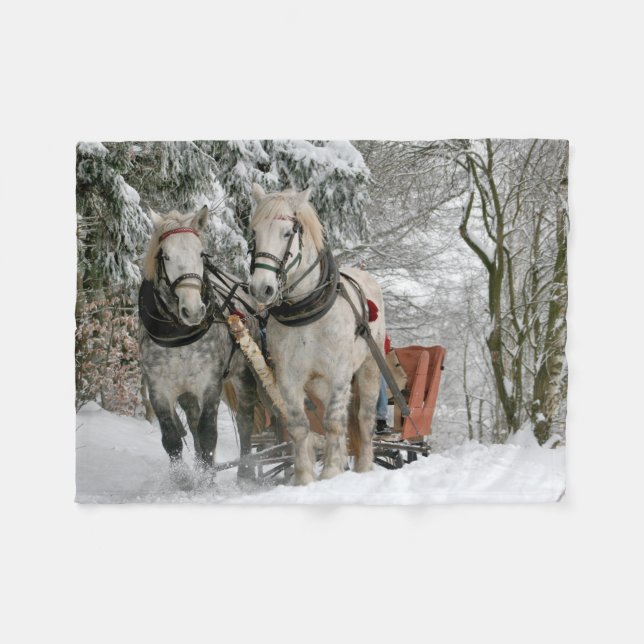 Couverture Polaire traîneau+randonnée,neige,forêt,cheval,hiver,blanc, (Devant (Horizontal))