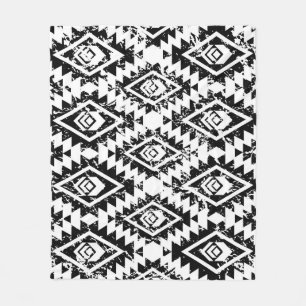 Couverture Polaire Tribal Navajo : blanc noir géométrique.