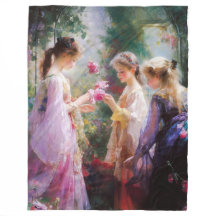 Trois filles jouant dans un jardin