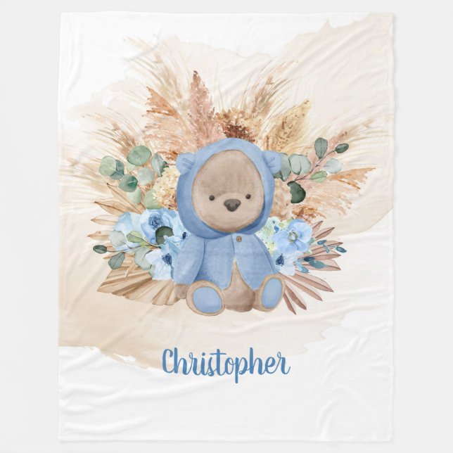 Couverture Polaire Tropical garçon en peluche ours pampas herbe fleur (Devant)