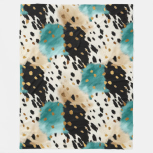 Couverture Polaire Turquoise Black Cream Gold Western Cowhide