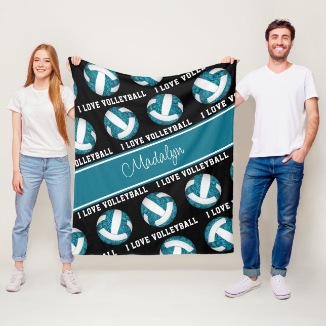 Couverture Polaire turquoise blanc J'aime volleyball girly personnali (En situation)