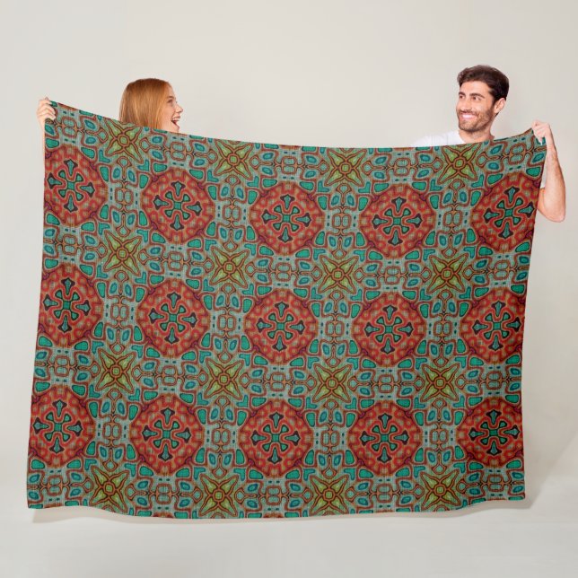 Couverture Polaire Turquoise Bleu Orange Rouge Vert Bohème Bali Art (En situation)