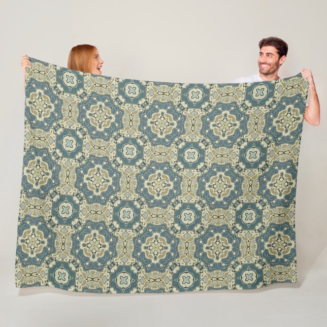 Couverture Polaire Turquoise Bleu Vert Gris Ochre Hip Bohème Bali Art (En situation)