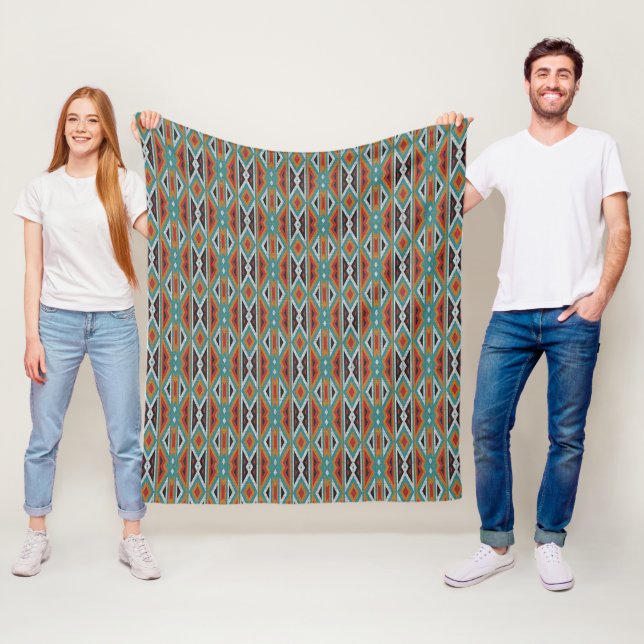 Couverture Polaire Turquoise Blue Green Red Terra Cotta Tribal Art Mo (En situation)