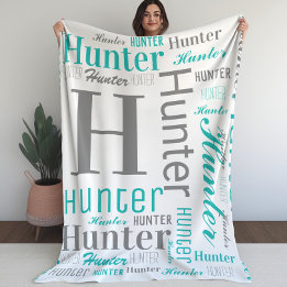 Couverture Polaire Turquoise et gris Nom et Monogramme Cloud Word Art