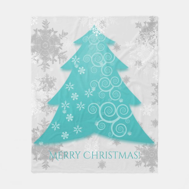 Couverture Polaire Turquoise Festif Arbre de Noël Toison Blanche (Devant)