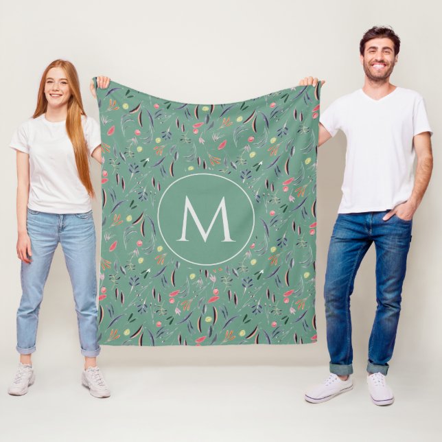 Couverture Polaire Turquoise Floral personnalisé MONOGRAM (En situation)
